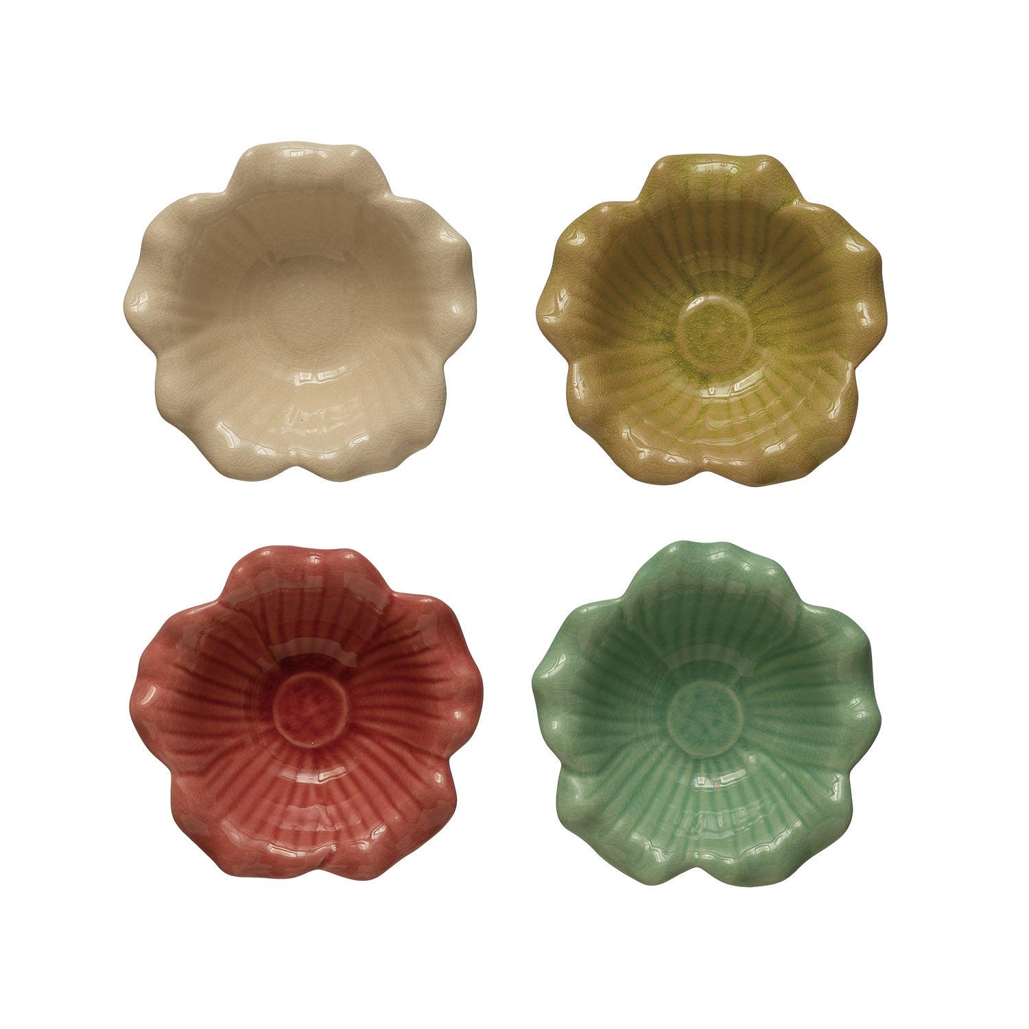 Debossed Stoneware Flower Bowl, Crackle Glaze (Set of 4)